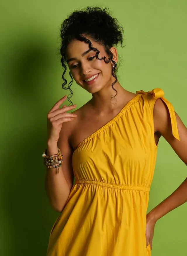 One Shoulder Tie-Up A-Line Midi Dress, Yellow – image 6