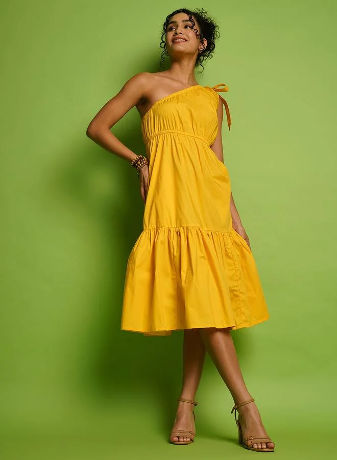 One Shoulder Tie-Up A-Line Midi Dress, Yellow