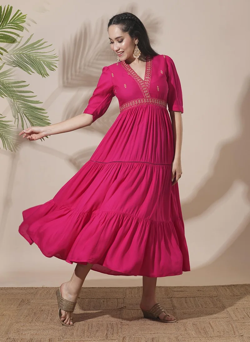 Globus Women's Embroidered Puff Sleeve A-Line Midi Festive Dress