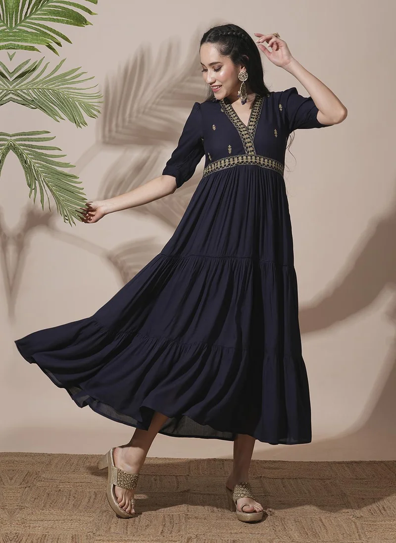 Globus Women's Embroidered Puff Sleeve A-Line Midi Festive Dress