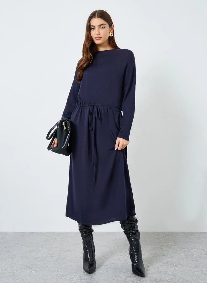 Belted Round Neck Knitted Midi Dress