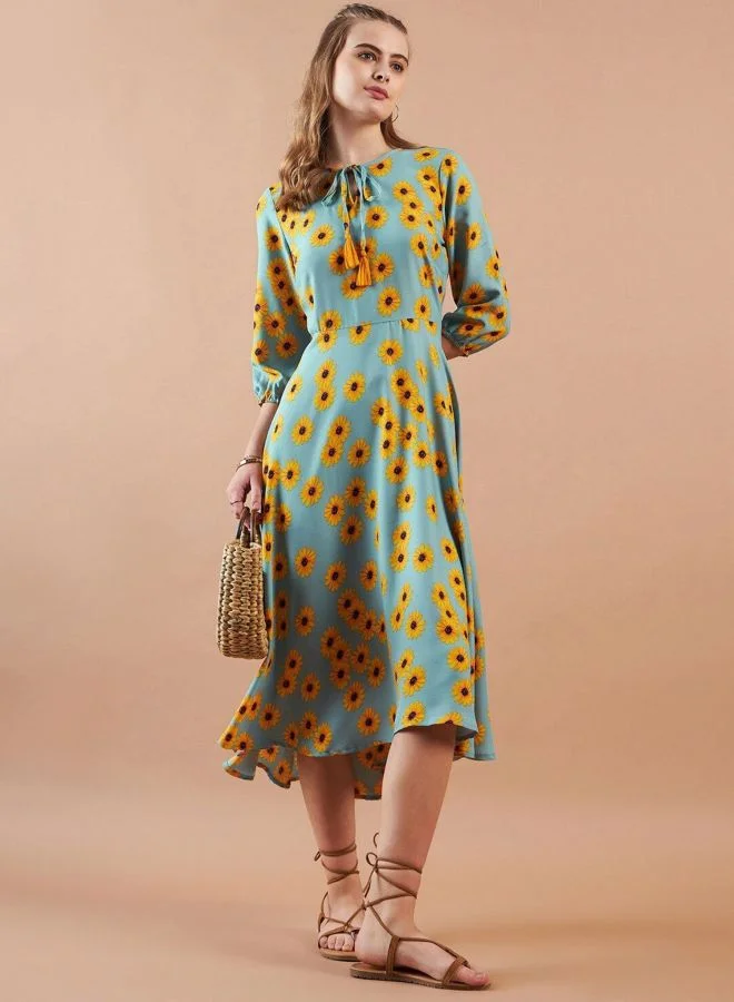 Women's Floral Print Round Neck 3/4 Sleeve Shift Dress