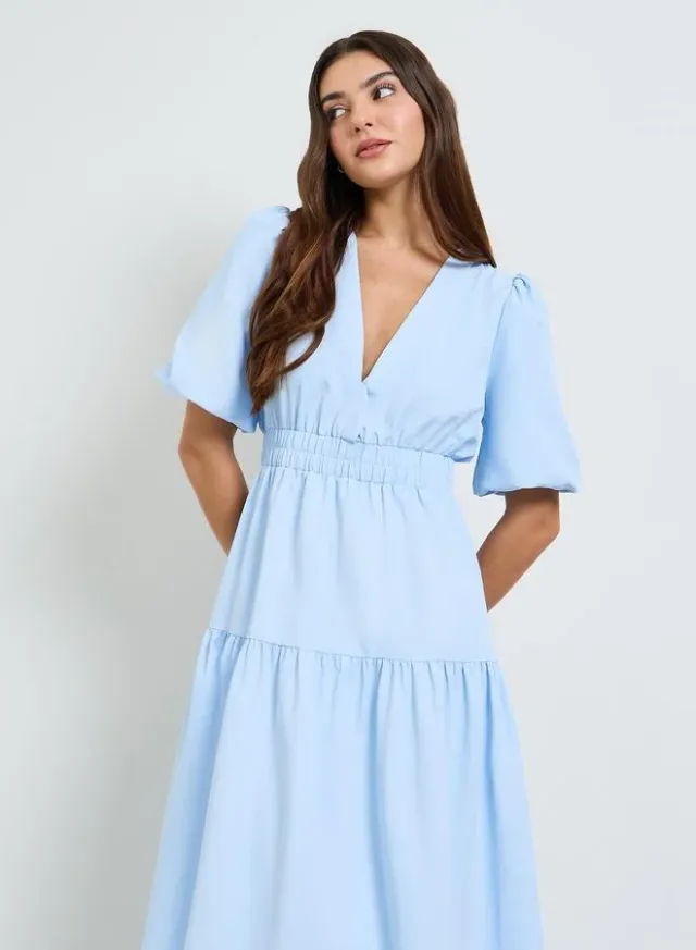 V-Neck A-Line Midi Dress Blue – image 2