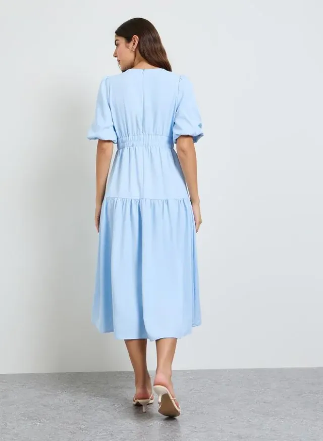V-Neck A-Line Midi Dress Blue – image 5