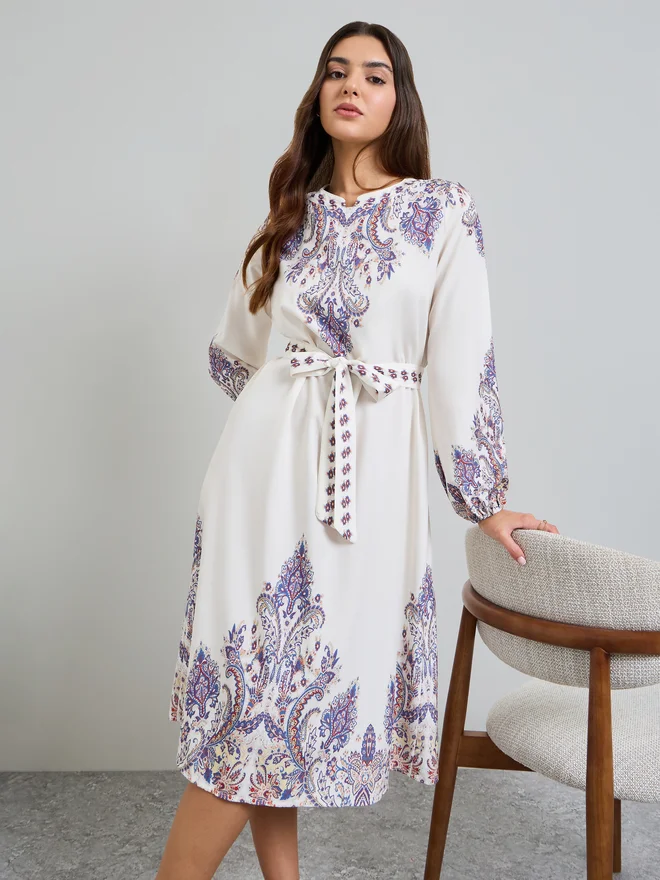 Styli Printed A-Line Midi Dress Tie-Belt Off White