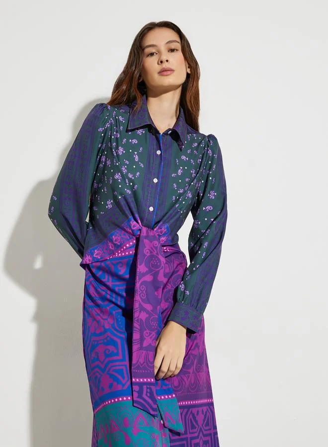 All Over Print Tie-Waist Midi Dress, Purple