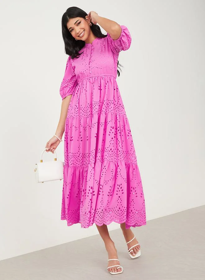 Puff Sleeve A-Line Midi Dress