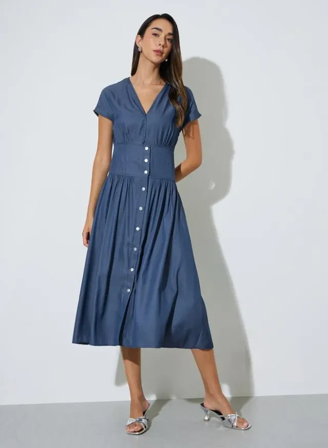 V Neck Front Button Midi Dress Blue – image 2