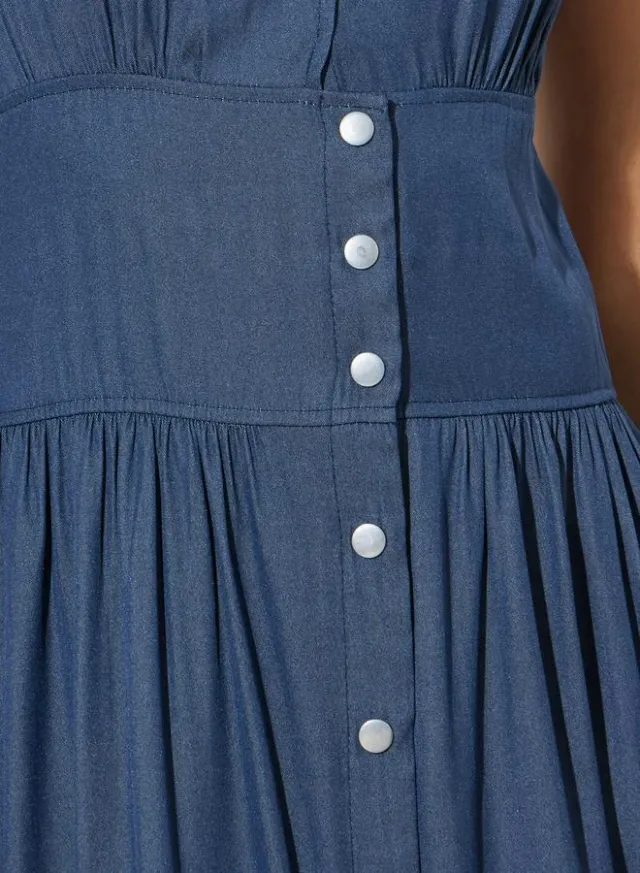 V Neck Front Button Midi Dress Blue – image 4
