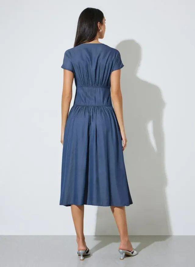 V Neck Front Button Midi Dress Blue – image 5