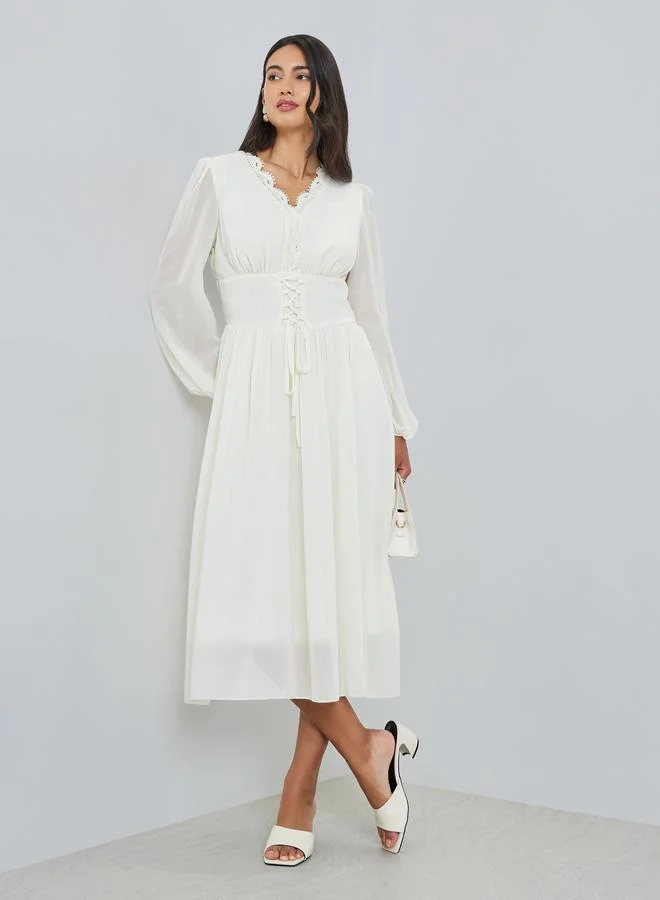 V Neck Front Button Midi Dress Blue