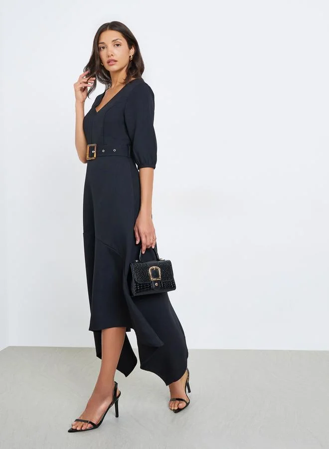 V Neck Front Button Midi Dress Blue