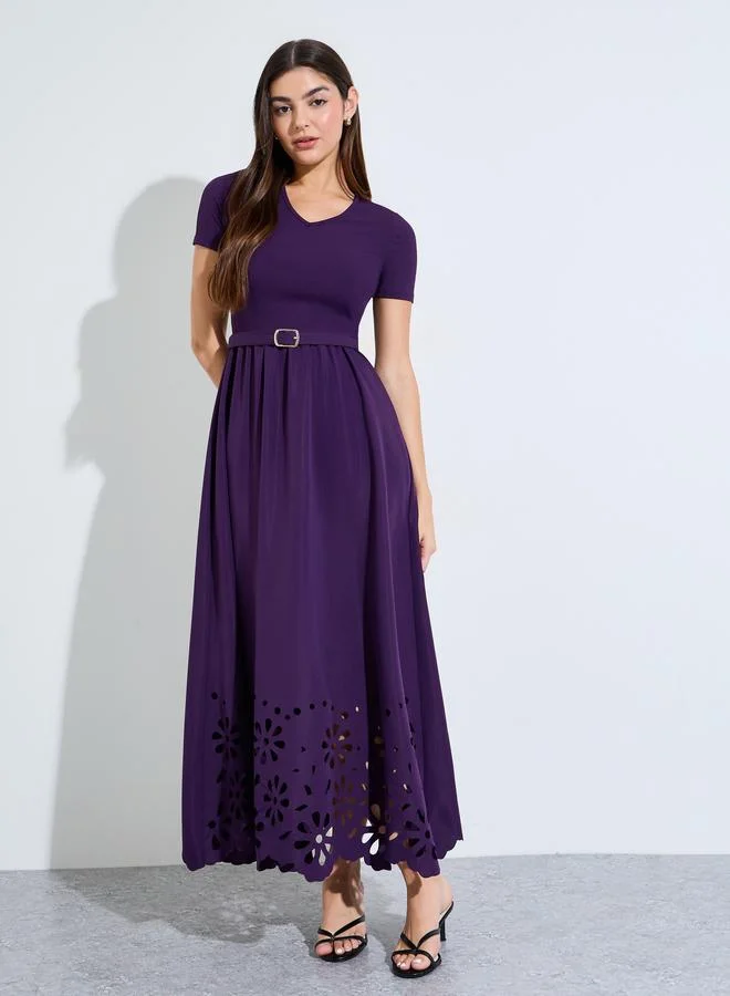 V Neck Front Button Midi Dress Blue