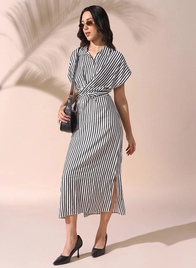 Striped Shirred Midi Dress