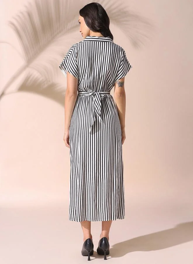 Striped Shirred Midi Dress