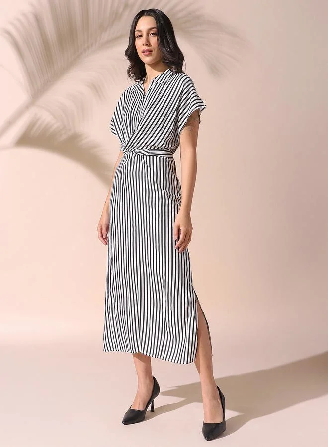 Striped Shirred Midi Dress