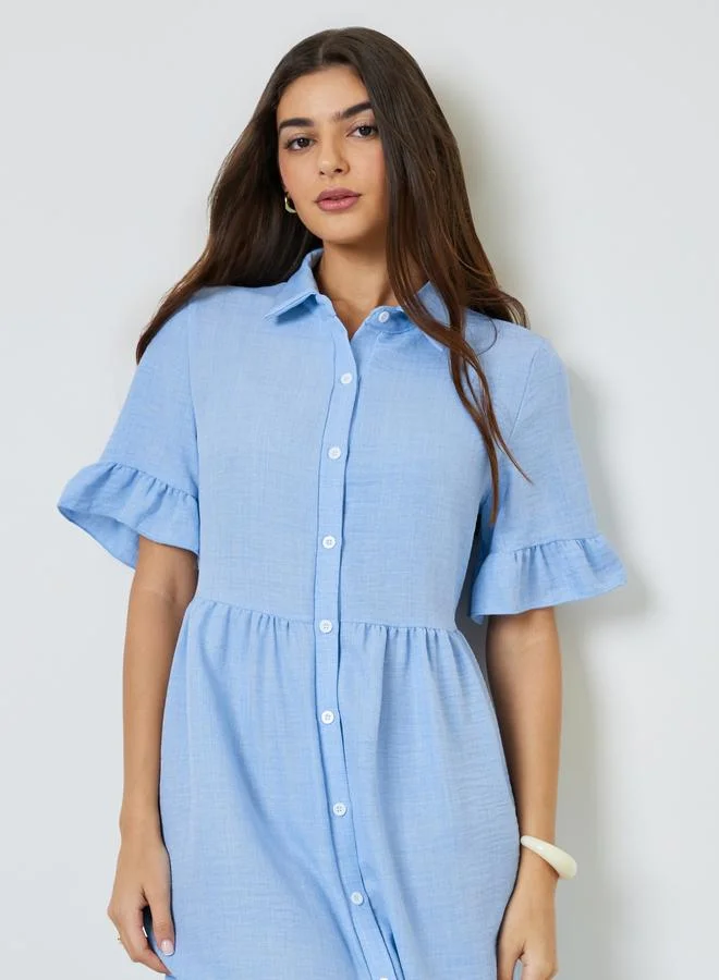 Ruffle Sleeve Shirt Dress Blue