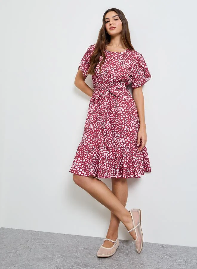 A-Line Ditsy Print Knee-Length Dress Red