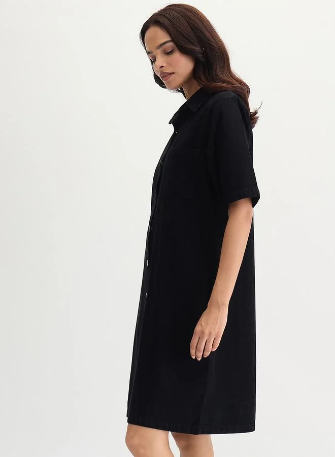 Denim Knee Length Shirt Dress Black