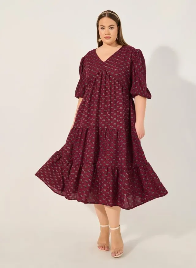 Burgundy Floral Tiered Midi Dress for Women – image 2