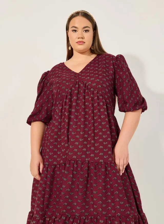 Burgundy Floral Tiered Midi Dress for Women – image 3