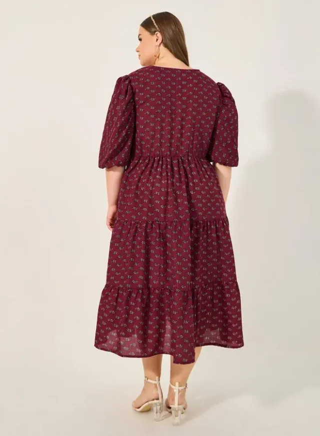 Burgundy Floral Tiered Midi Dress for Women – image 5