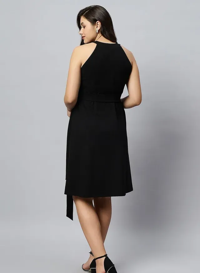Black Halter Neck Midi Dress for Women - Solid Style – image 4
