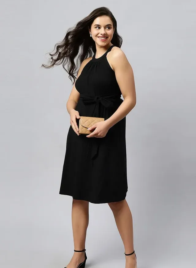 Black Halter Neck Midi Dress for Women - Solid Style – image 5