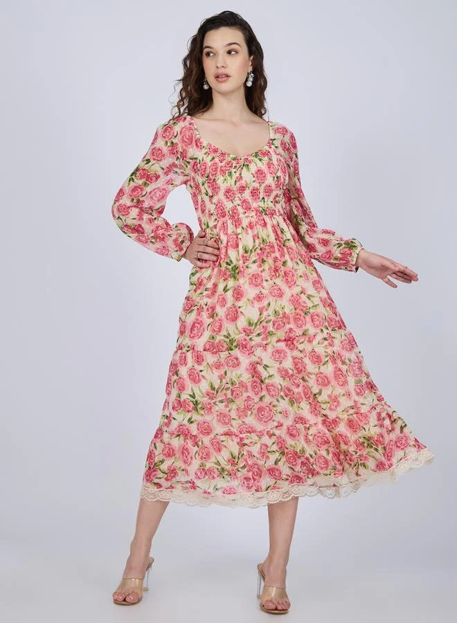 Floral Tiered Midi Dress Multi