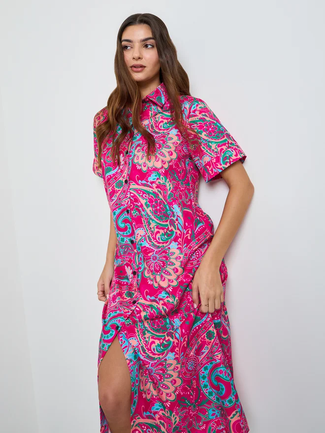 Paisley Print Short Sleeve Midi Shirt Dress