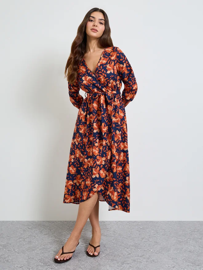 Wrap Midi Dress Long Sleeve Multi Floral