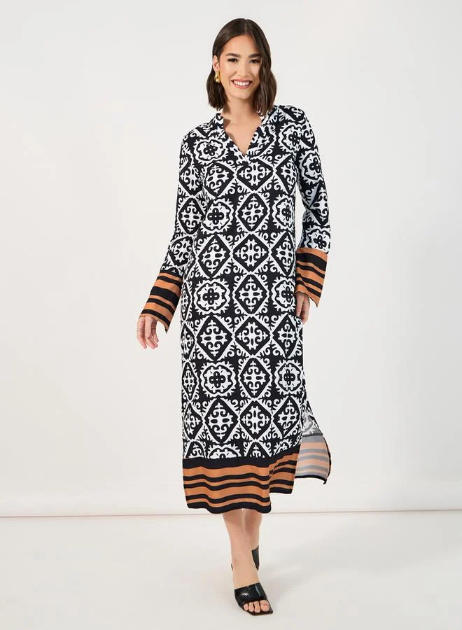 All Over Print Notch Neck Shift Midi Dress