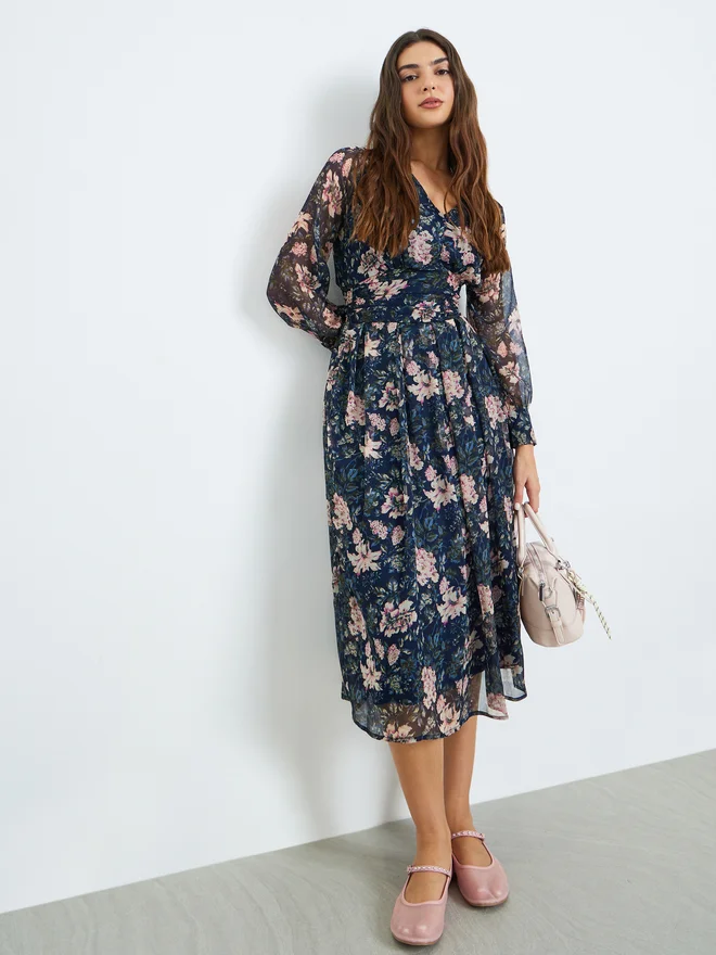 Floral Long Sleeve Midi Dress Navy