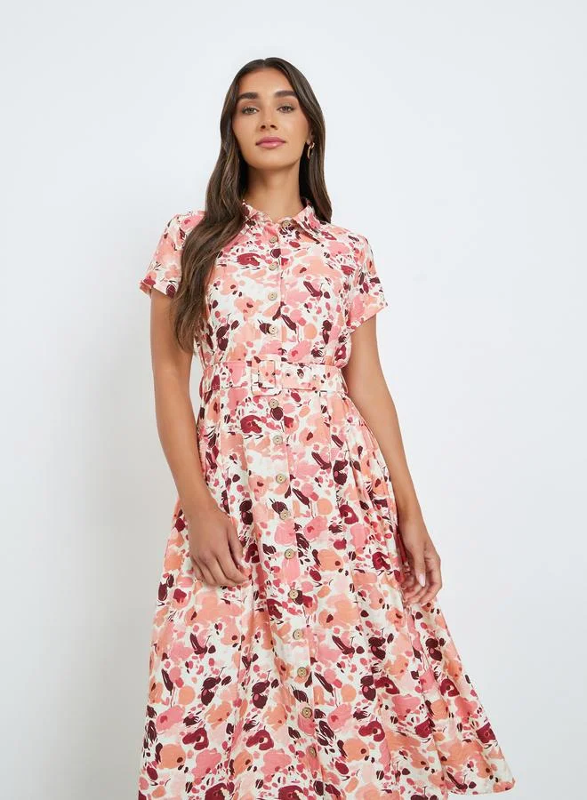 Floral Print Midi Shirt Dress Pink