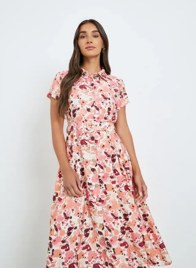 Floral Print Midi Shirt Dress Pink