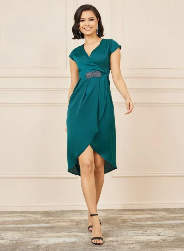Styli Embellished Box Pleat Asymmetric Hem A-Line Dress