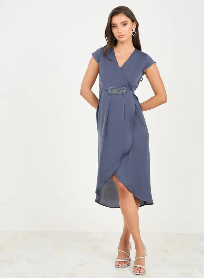 Styli Embellished Box Pleat Asymmetric Hem A-Line Dress