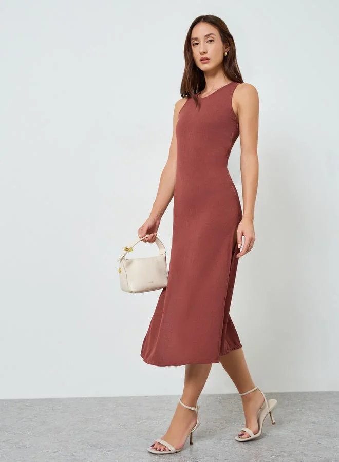 Sleeveless A-Line Midi Dress Brown