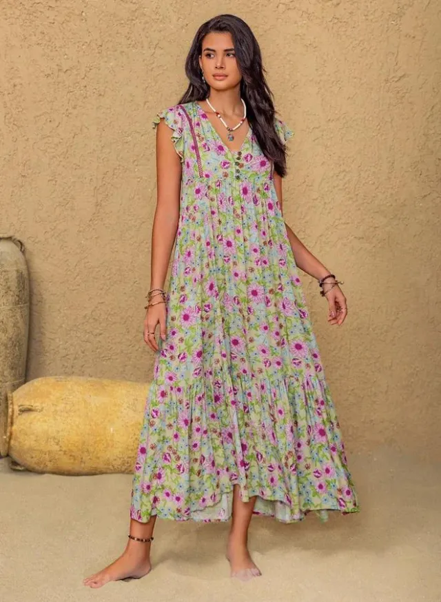 Women V-Neck Floral Maxi Dress – image 3