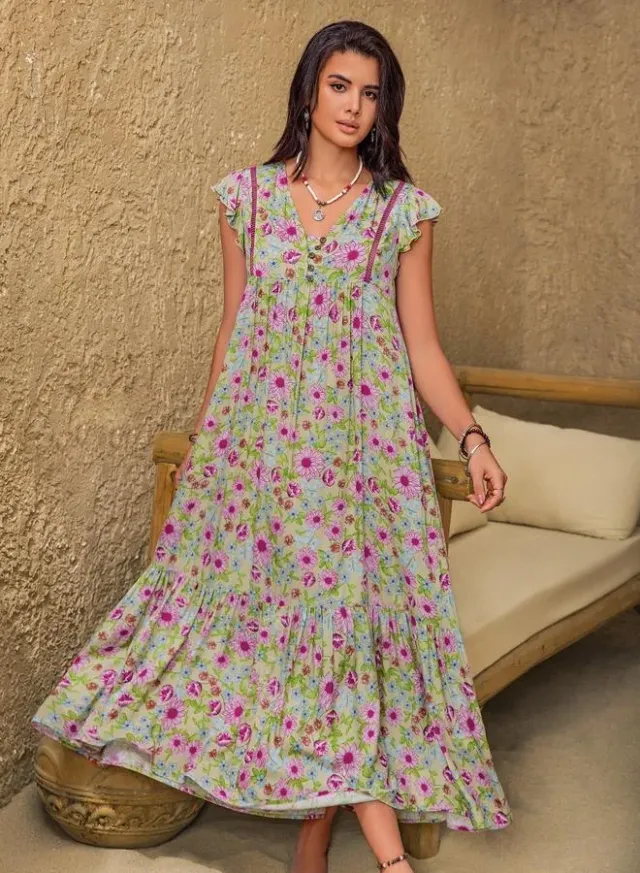 Women V-Neck Floral Maxi Dress – image 6