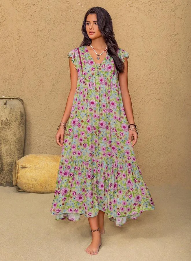 Women V-Neck Floral Maxi Dress