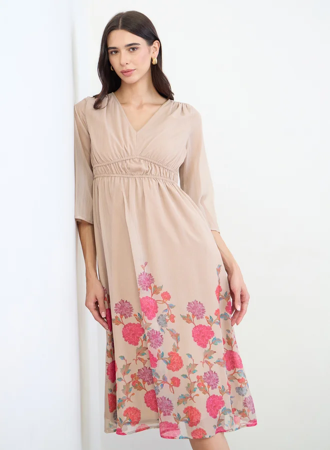 Floral 3/4-Sleeve Midi Dress, Beige
