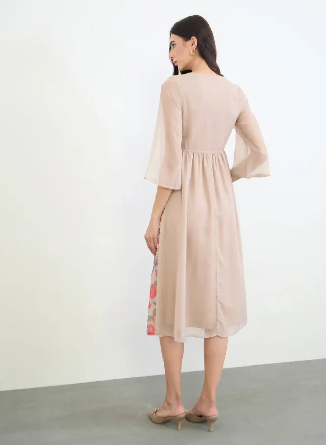 Floral 3/4-Sleeve Midi Dress, Beige – image 5