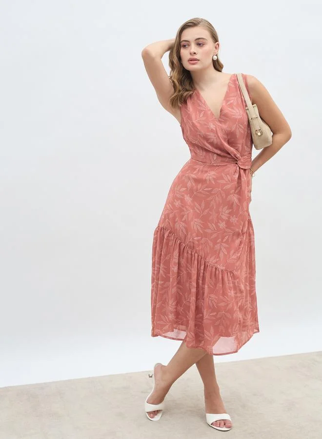 Printed Twist Front A-Line Midi Dress