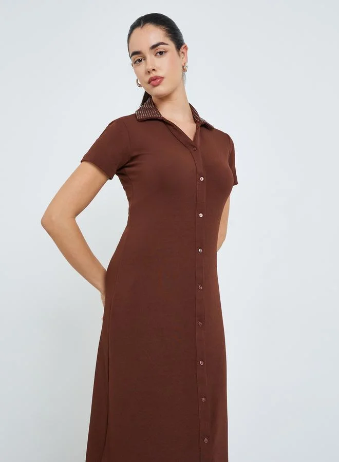 Women's Studded Collar Shirt Maxi Dress