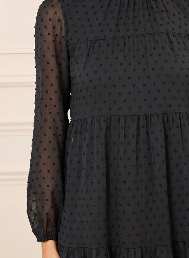 Styli Dobby High Neck Tiered Midi Dress