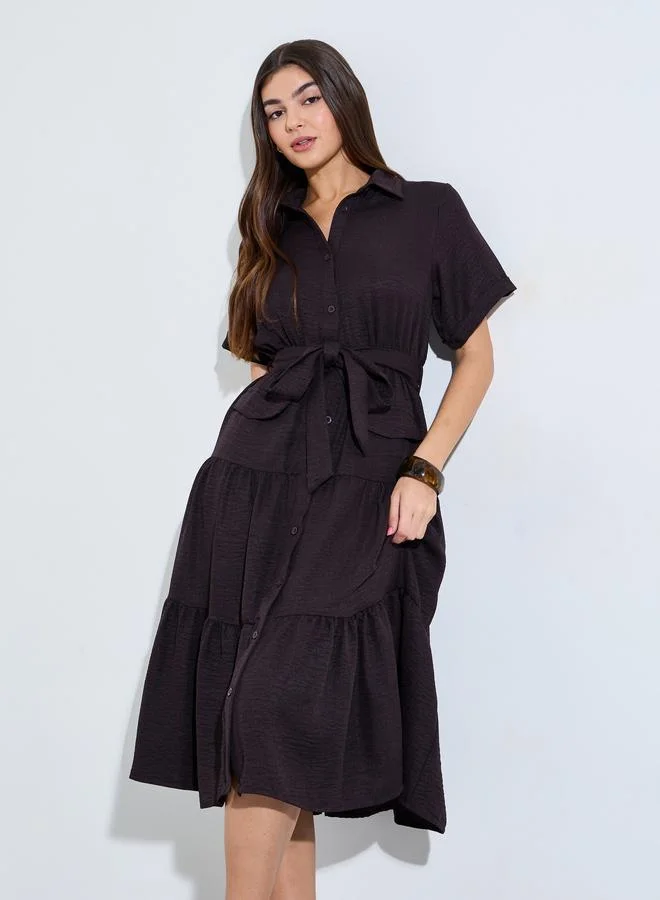 Belted Shirt Midi Dress Beige