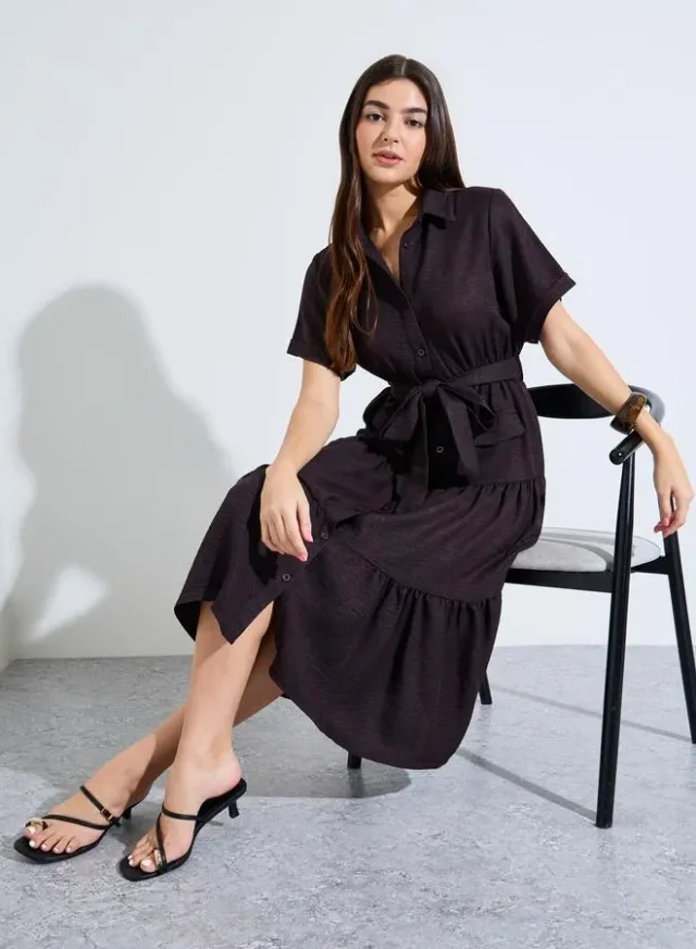Belted Shirt Midi Dress Beige – image 3