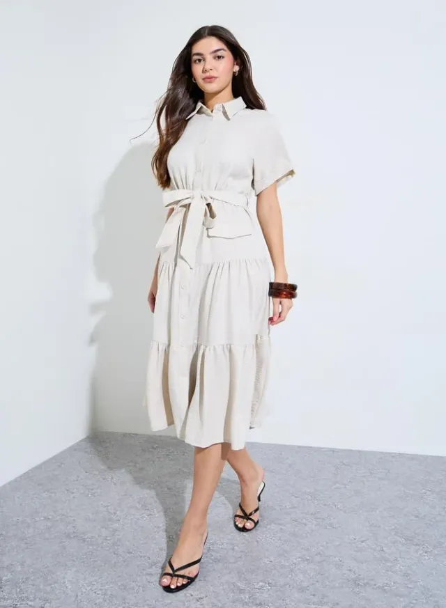 Belted Shirt Midi Dress Beige – image 2
