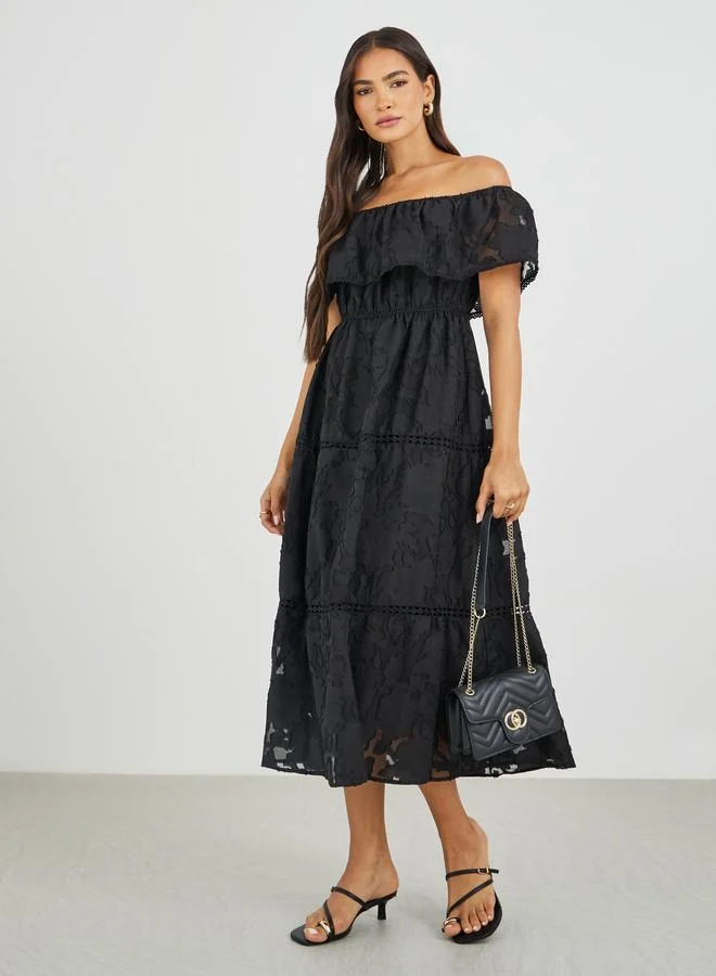 Lace Off Shoulder Tiered Midi Dress